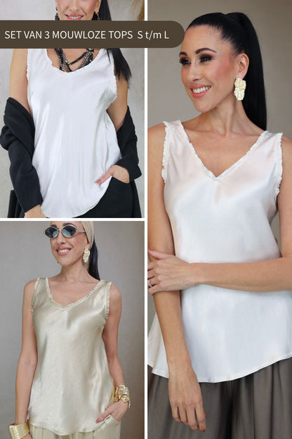 Mouwloze top S/L- 3 Pack (Beige, goud en wit )